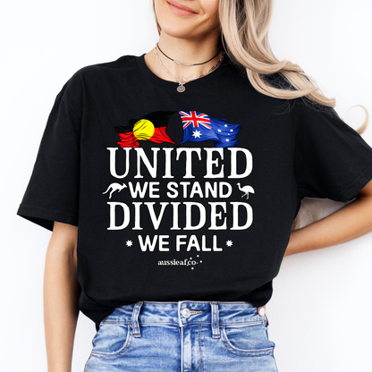United We Stand, Divided We Fall Aboriginal/Australian Flags Unisex FRONT Print Shirt