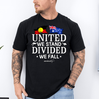 United We Stand, Divided We Fall Aboriginal/Australian Flags Unisex FRONT Print Shirt