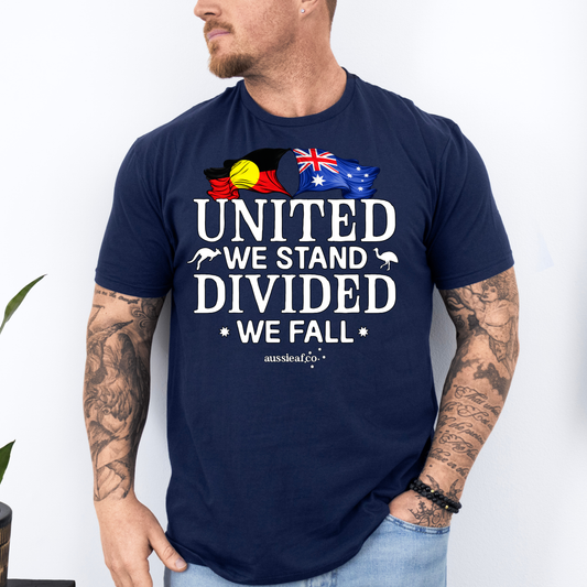United We Stand, Divided We Fall Aboriginal/Australian Flags Unisex FRONT Print Shirt