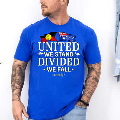 United We Stand, Divided We Fall Aboriginal/Australian Flags Unisex FRONT Print Shirt