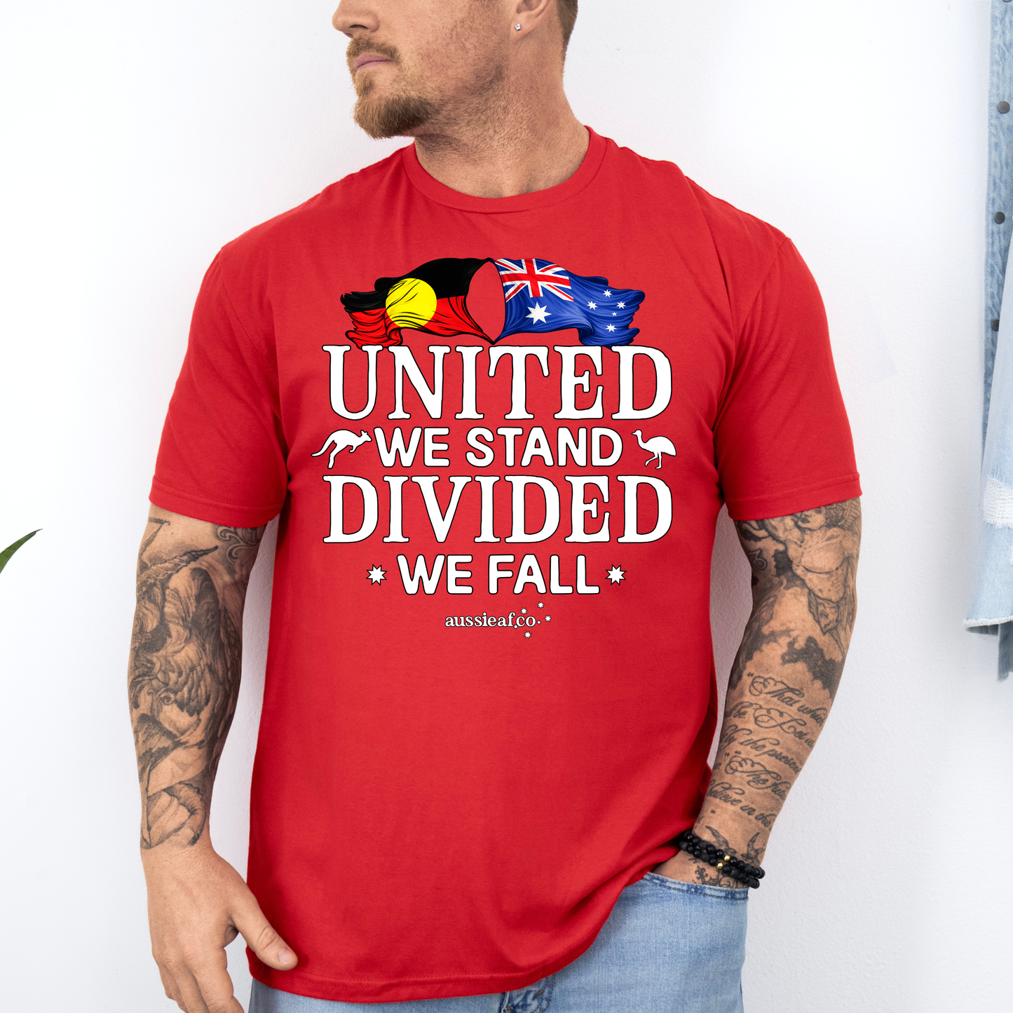 United We Stand, Divided We Fall Aboriginal/Australian Flags Unisex FRONT Print Shirt