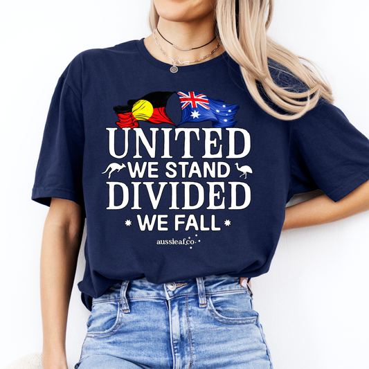 United We Stand, Divided We Fall Aboriginal/Australian Flags Unisex FRONT Print Shirt