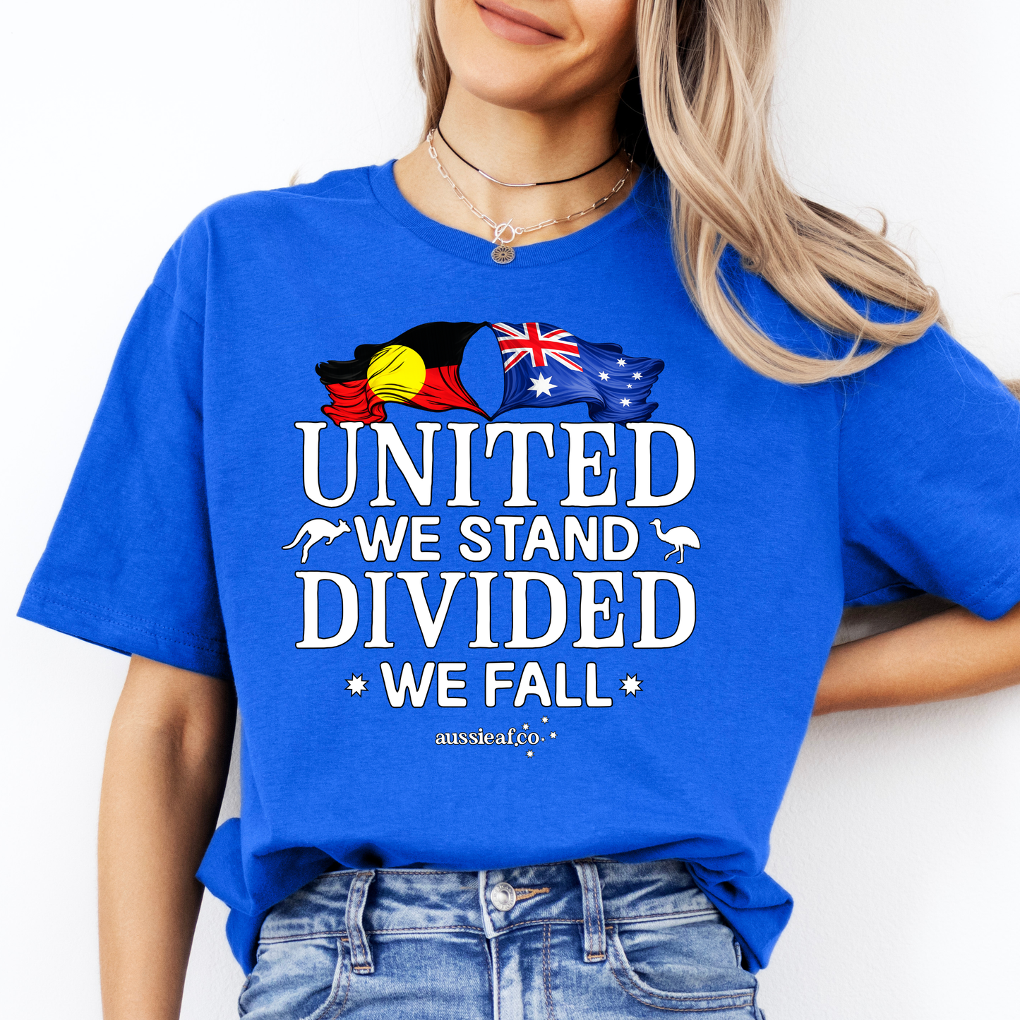United We Stand, Divided We Fall Aboriginal/Australian Flags Unisex FRONT Print Shirt