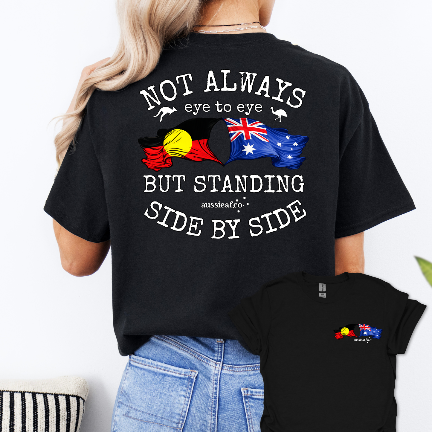 Standing Side by Side Aboriginal/Australian Flags Unisex Back & Front Print Shirt