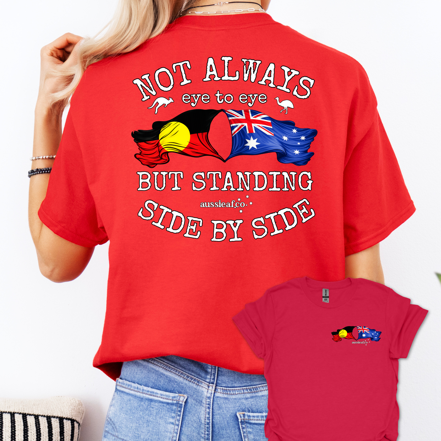 Standing Side by Side Aboriginal/Australian Flags Unisex Back & Front Print Shirt