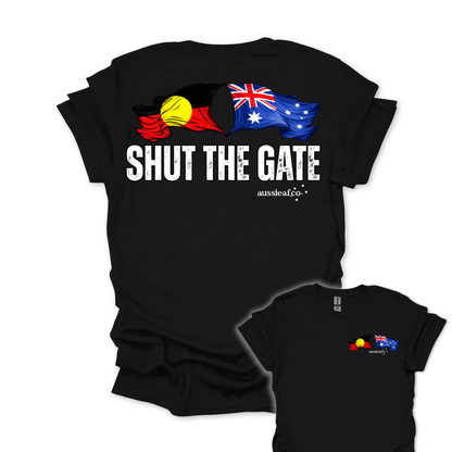 Shut the Gate Aboriginal/Australian Flags Unisex Back & Front Print Shirt