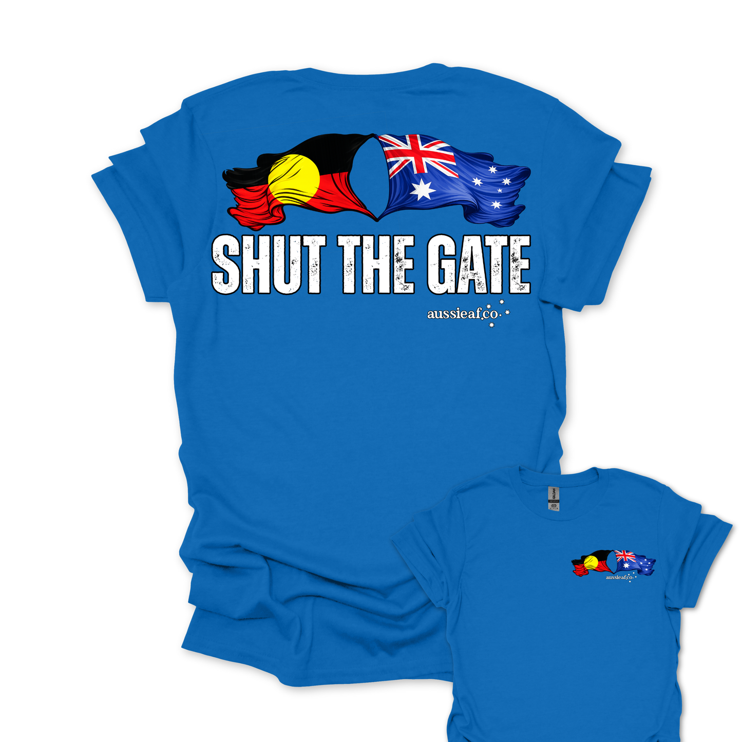 Shut the Gate Aboriginal/Australian Flags Unisex Back & Front Print Shirt