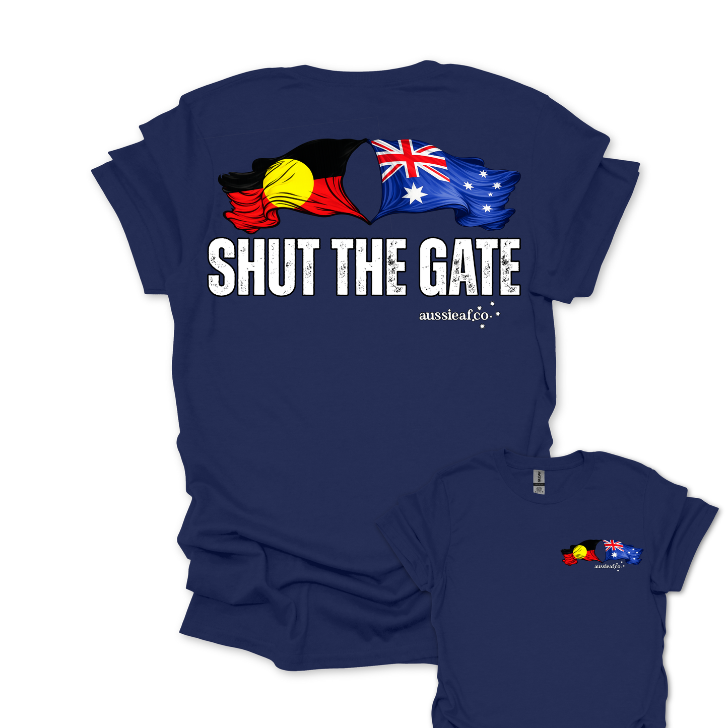 Shut the Gate Aboriginal/Australian Flags Unisex Back & Front Print Shirt