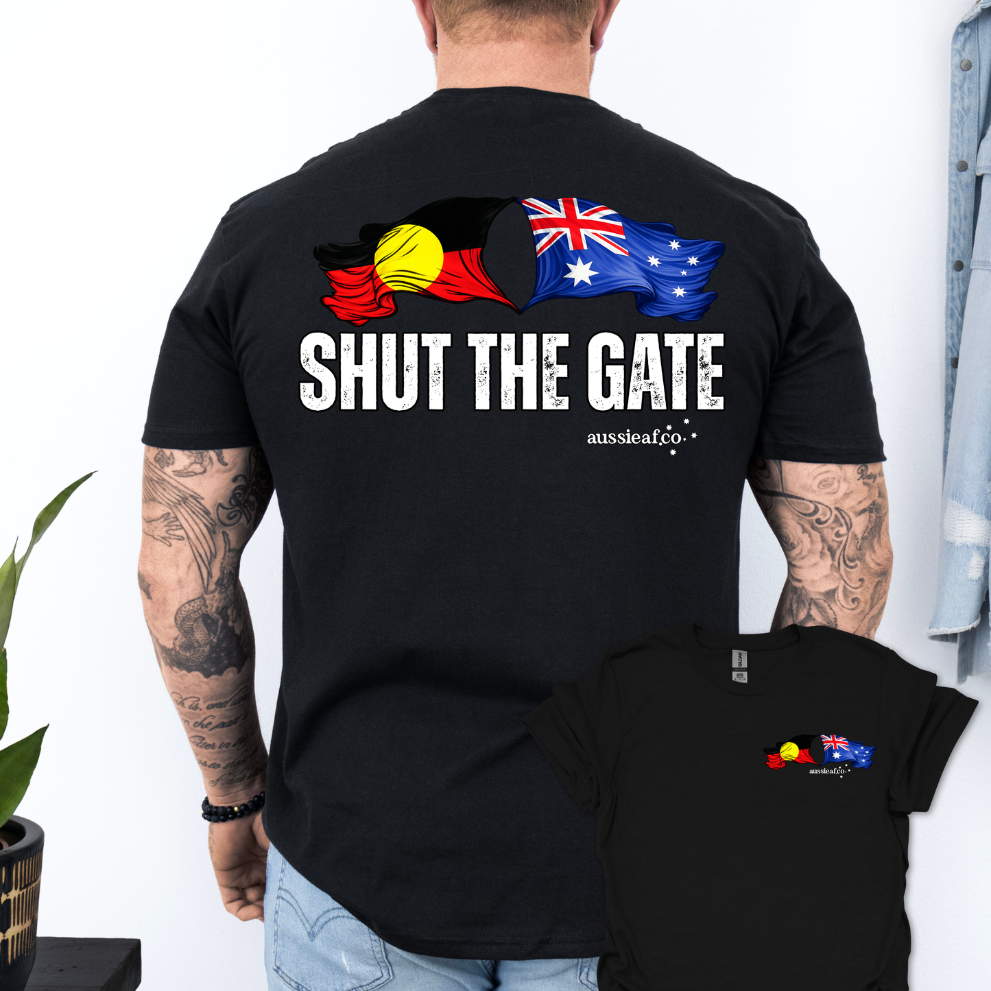 Shut the Gate Aboriginal/Australian Flags Unisex Back & Front Print Shirt