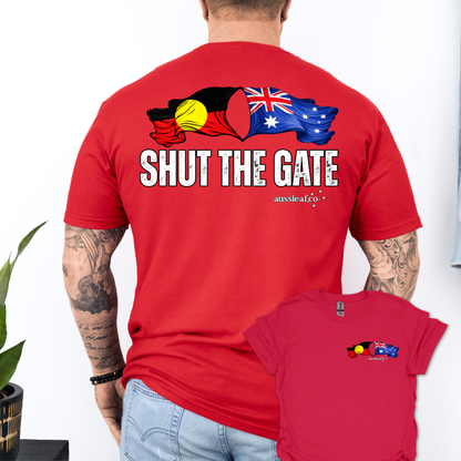 Shut the Gate Aboriginal/Australian Flags Unisex Back & Front Print Shirt