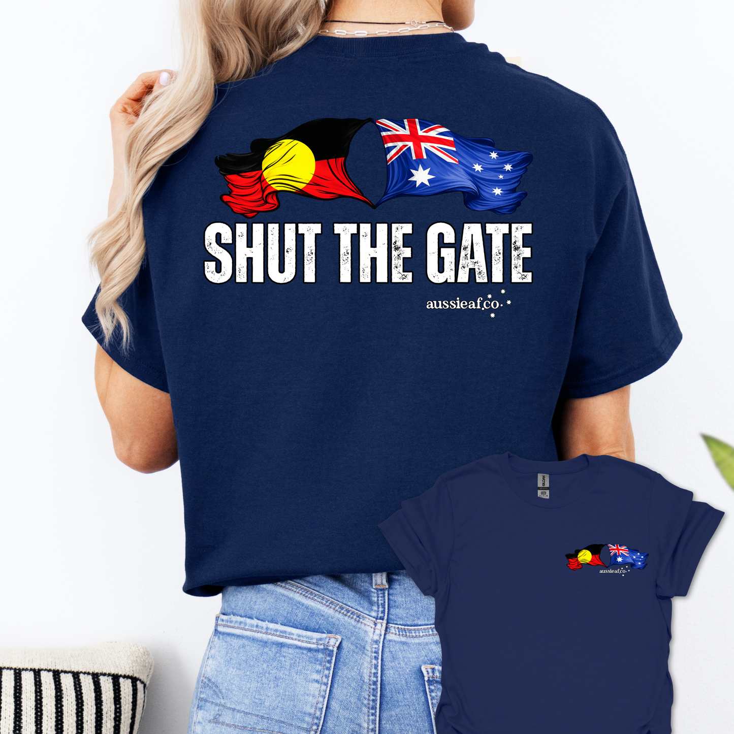 Shut the Gate Aboriginal/Australian Flags Unisex Back & Front Print Shirt