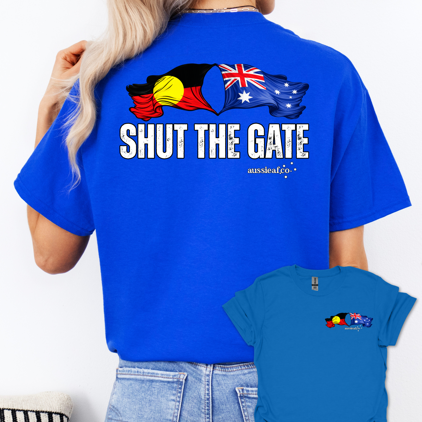 Shut the Gate Aboriginal/Australian Flags Unisex Back & Front Print Shirt