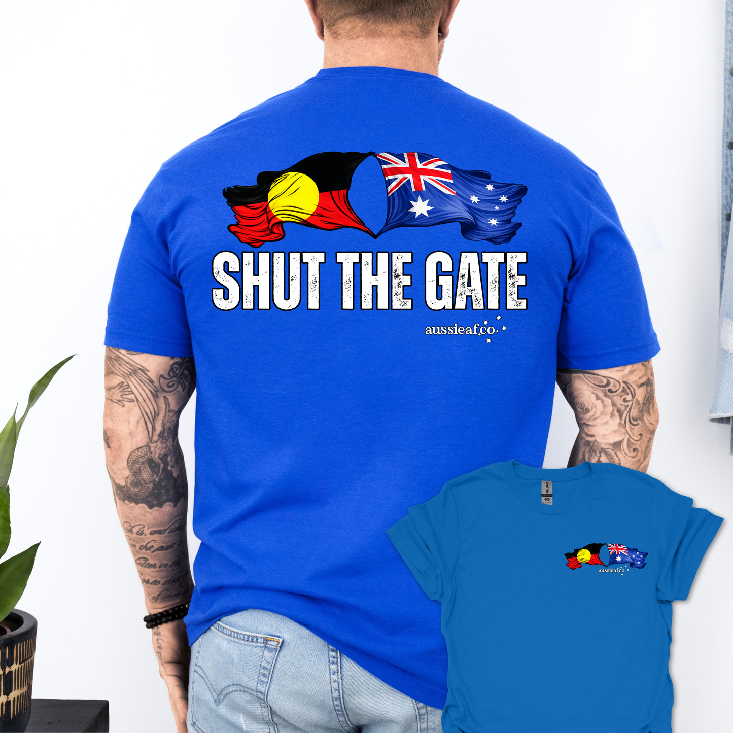 Shut the Gate Aboriginal/Australian Flags Unisex Back & Front Print Shirt