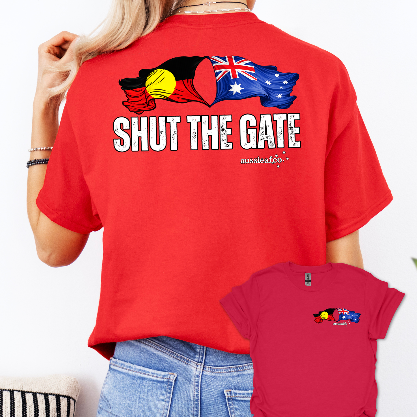 Shut the Gate Aboriginal/Australian Flags Unisex Back & Front Print Shirt