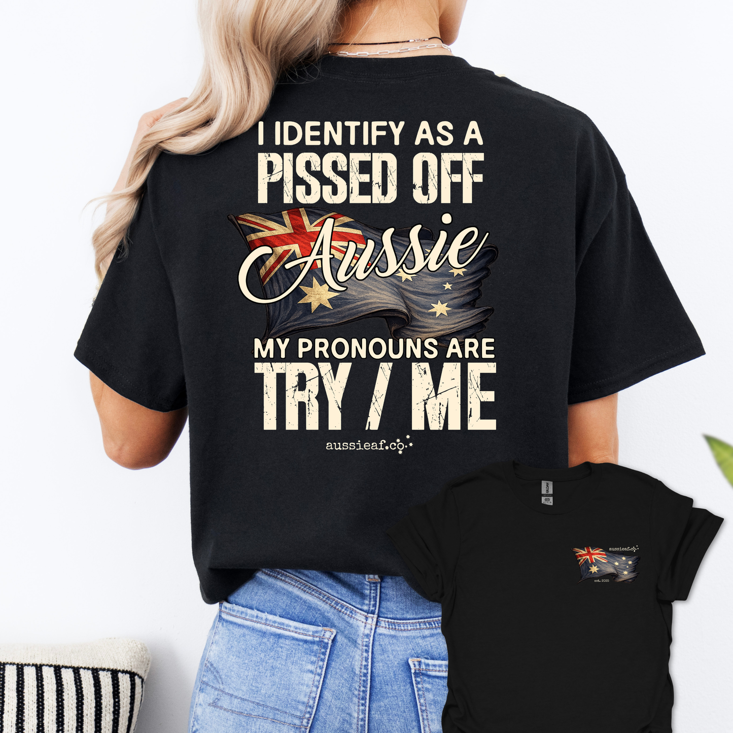My Pronouns Are Try / Me -  Aussie Flag shirt Unisex Back & Front Print Shirt