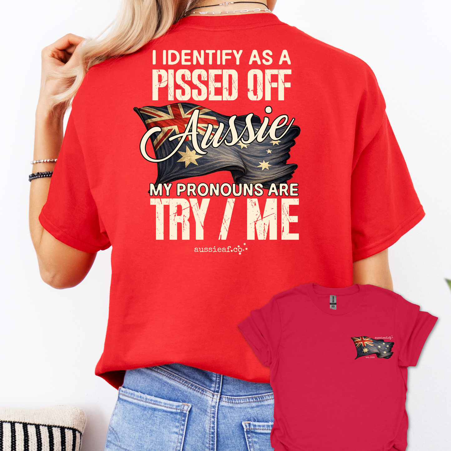 My Pronouns Are Try / Me -  Aussie Flag shirt Unisex Back & Front Print Shirt