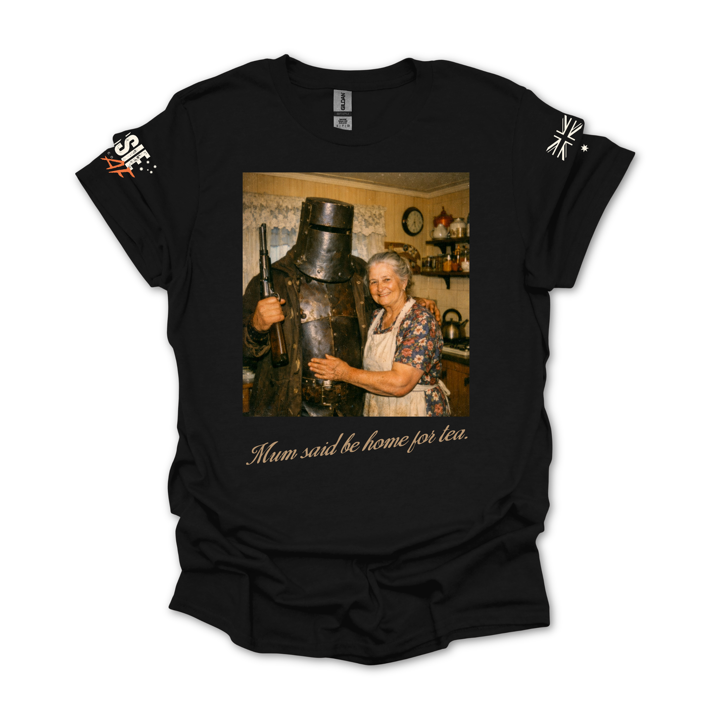 Funny Ned Kelly "Mu Said Be Home for Tea" Unisex Shirt Front & Sleeve Printing