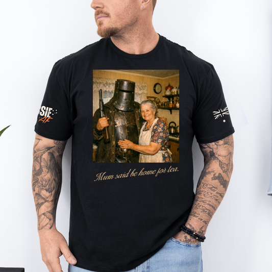 Funny Ned Kelly "Mu Said Be Home for Tea" Unisex Shirt Front & Sleeve Printing
