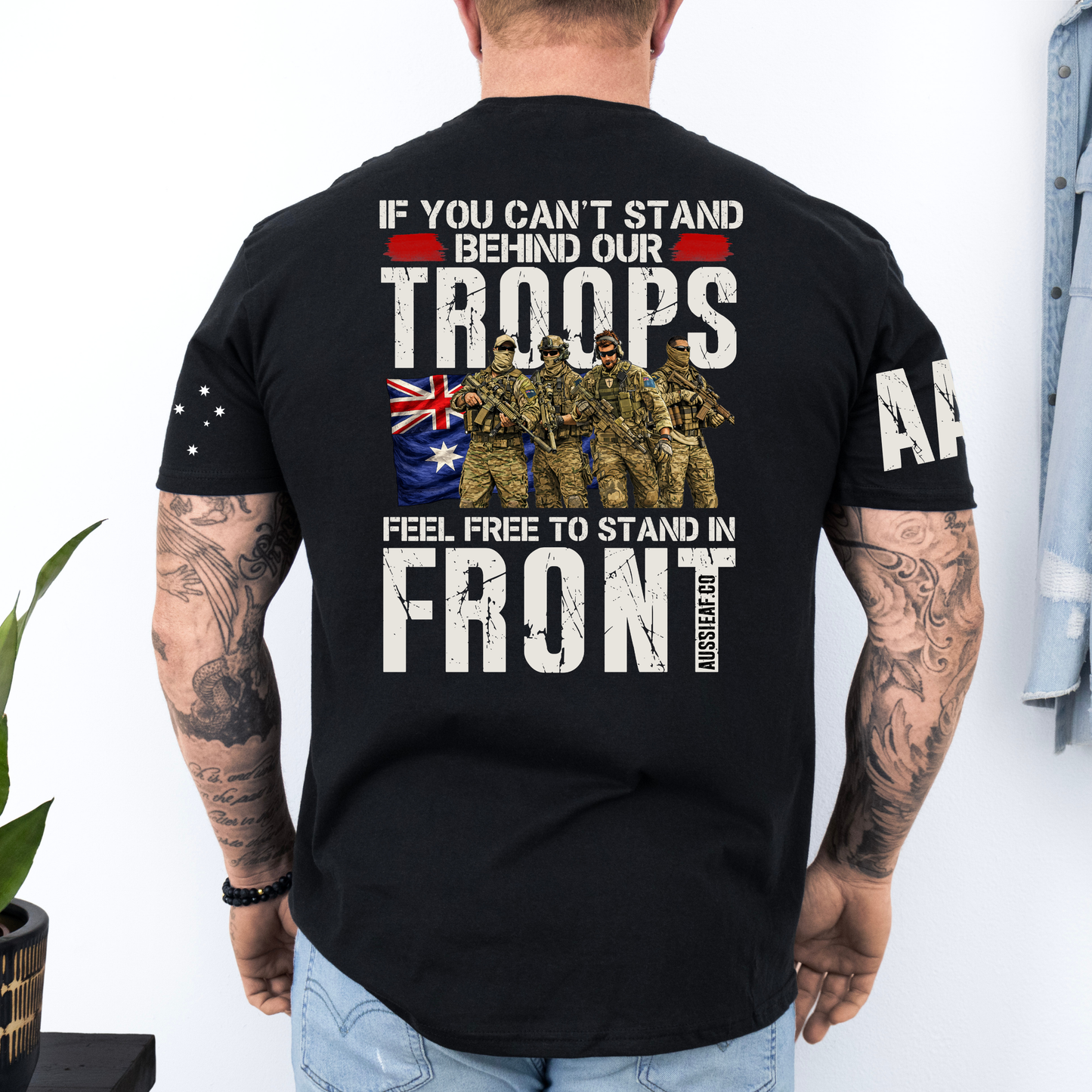 Stand Behind Our Troops Australian Flag Unisex T-Shirt with Sleeve Printing