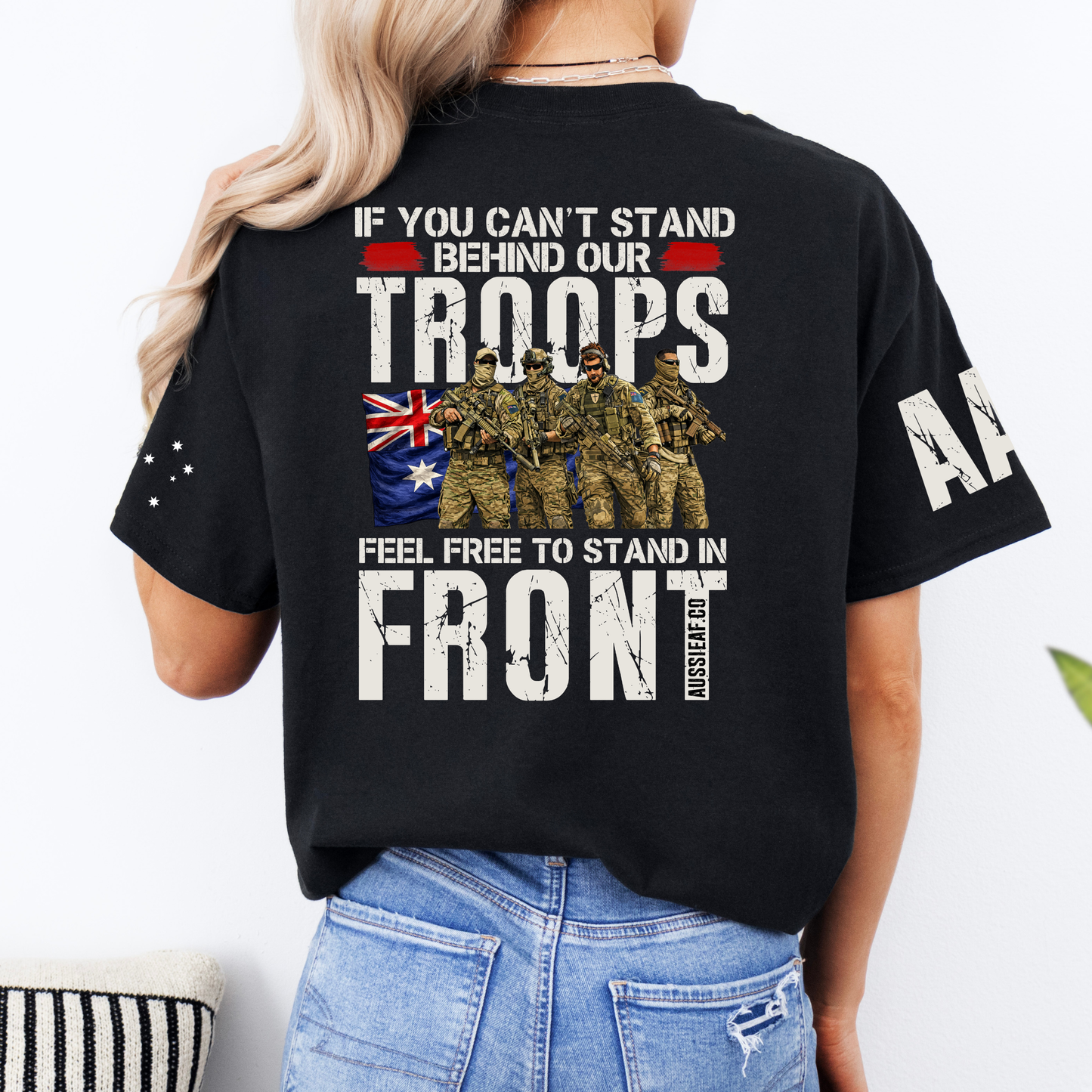 Stand Behind Our Troops Australian Flag Unisex T-Shirt with Sleeve Printing