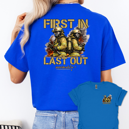 First in Last Out Australian Firefighter Unisex Back & Front Print Shirt