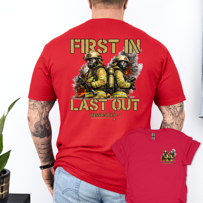 First in Last Out Australian Firefighter Unisex Back & Front Print Shirt